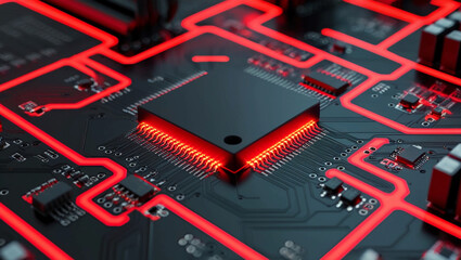 Poster - An  Abstract red and black circuit board illuminated with bright red light, representing high-speed data transfer, modern computing technology, and intricate electronic designs