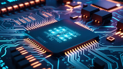Poster -  Close-up of a futuristic, glowing circuit board with intricate neon lines and digital data streams, showcasing advanced technology in a high-resolution and unpixellated format