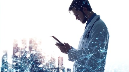 Wall Mural - A male doctor engages with a tablet device, surrounded by a double exposure of a bustling smart city filled with digital connections and technology icons.