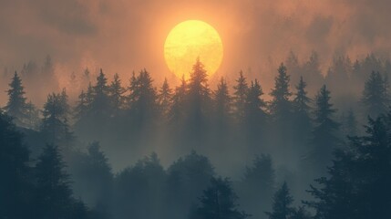 Wall Mural - Sun setting over a misty forest