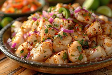 A refreshing Peruvian ceviche with marinated fish, lime juice, and red onions