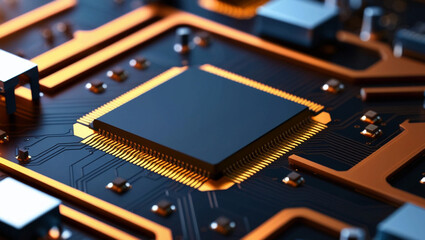 Poster - A  Black and Orange Circuit Board with Glowing Components, D Illustration of a Futuristic Technology Layout