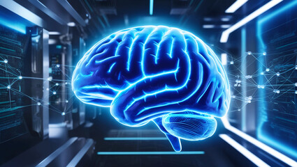 Poster - An  Ultra-Detailed Digital Image of a Glowing Blue Brain Floating in a High-Tech Environment with Neural Networks