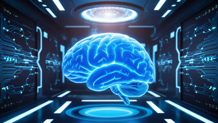 Poster -  Ultra-Detailed Digital Image of a Glowing Blue Brain Floating in a High-Tech Environment with Neural Networks