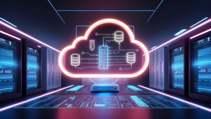 Poster - The  Futuristic cloud computing interface with glowing neon lights, showcasing data storage, processing power, and digital infrastructure in a high-tech, secure environment