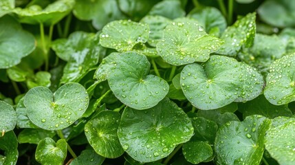 Wall Mural - Raindrops on fresh gotu kola leaves succulent Centella asiatica nature background focus on green leaves