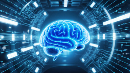 Poster - Digital Image of a Glowing Blue Brain Floating in a High-Tech Environment with Neural Networks