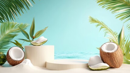 Beach scene with tropical fruits coconut leaves podiums center for product showcase