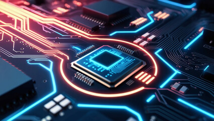 Poster -  Close-up of a futuristic, glowing circuit board with intricate neon lines and digital data streams, showcasing advanced technology in a high-resolution and unpixellated format