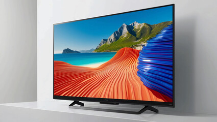 Poster -  High-definition smart television with a sleek black frame on a white background, showcasing the latest in entertainment technology and display innovation
