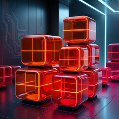 Poster - futuristic digital cubes in red and blue, illuminated in a sci-fi environment with a sleek metallic 