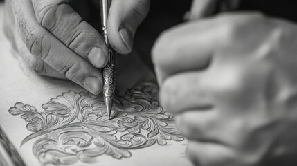 Silversmith creating intricate filigree sketch engraving