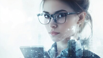 Poster - A young female engineer with glasses is intently studying her tablet