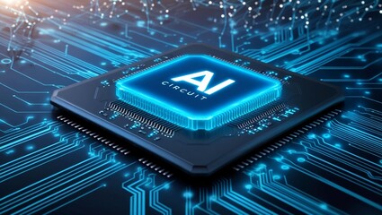 Poster -  Futuristic AI Circuit Chip Glowing in Blue with a Background of Digital Networks and Data Streams