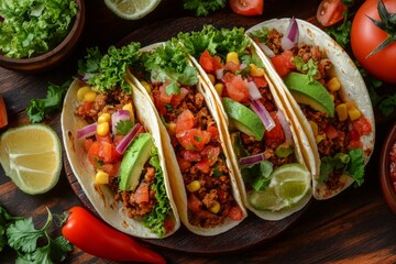 Detailed top view of a taco feast, rich and fresh ingredients, dark brown table background, realistic and sumptuous