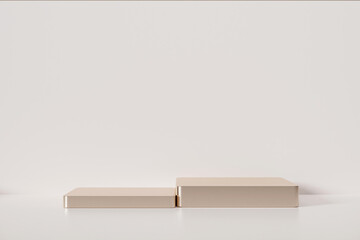 3D rendering two gold square stands on light beige. Minimal luxury or premium product display.	