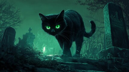 A black cat with glowing green eyes stares intently from a spooky graveyard.