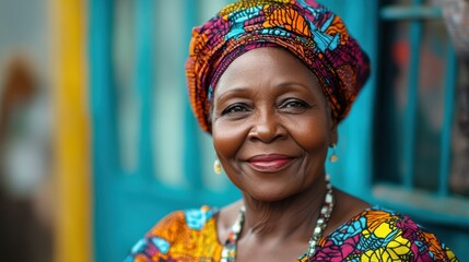 Wall Mural - Middle-aged Nigerian woman with a colorful dress and a friendly look.