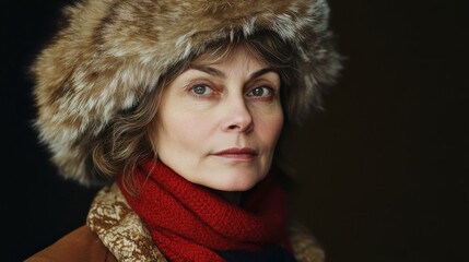 Wall Mural - Middle-aged Russian woman with a fur hat and a serious expression.