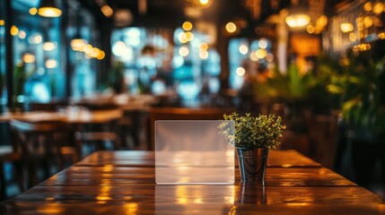 Restaurant menu frame blank acrylic card ready for customer text placement on table blurred cafeteria background