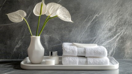 Wall Mural - Cotton pads towel and flower vase on tray bathroom product display scene