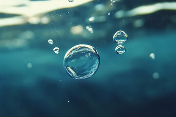 Aufkleber - Bubbles float gracefully underwater, capturing light and creating serene atmosphere. clear, blue water enhances peaceful scene, evoking sense of calm and tranquility