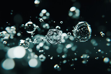 Poster - Bubbles float gracefully underwater, creating mesmerizing and tranquil scene. play of light and shadow enhances ethereal beauty of bubbles