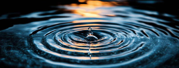 Poster - mesmerizing close up of ripples on water, capturing serene moment of droplets impact with warm glow reflecting on surface