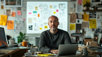 focused startup co founder in creative workspace, surrounded by notes and ideas