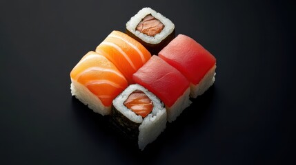 Sticker - Assortment of sushi rolls with salmon and tuna from top view