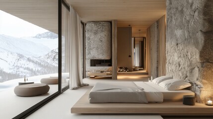 Minimalist mountain retreat with clean, simple design.