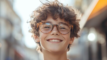 Teenaged French boy with trendy glasses and a joyful smile.