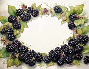 watercolor of black raspberries all around with empty copy space in the middle