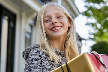 A young blonde girl is smiling and holding a box of presents. Concept of joy and excitement as the girl is about to give the presents to someone