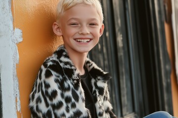 Sticker - A young boy with blonde hair is wearing a black and white jacket and smiling. He is sitting on a wall and he is happy