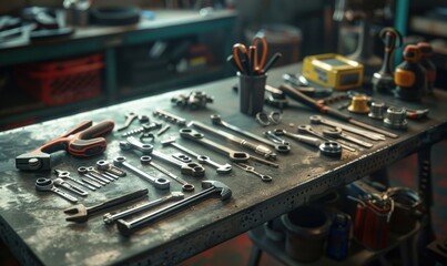 Tool set on the workbench, 4K hyperrealistic photo