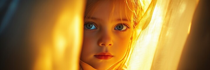 Wall Mural - A young girl with blue eyes is looking out of a window. The light is shining on her face, making her look sad