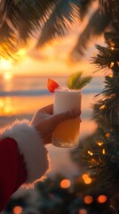 A festive cocktail is held by a hand in a Santa suit, against a backdrop of a sunset and palm trees.