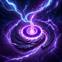 A swirling purple and blue lightning orb, emitting a bright light from its center, is surrounded by a dark, rocky, circular structure.