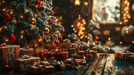 Festive holiday scene with a beautifully decorated Christmas tree and an array of colorful gifts under warm fairy lights