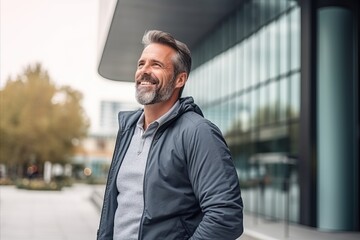 Portrait of a handsome middle-aged man in a jacket standing outdoors