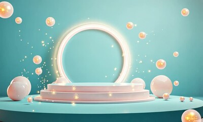 Fototapete - A minimalistic display setup with a circular light and smooth geometric shapes.