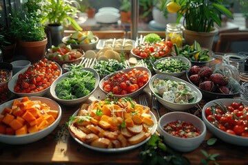 A vegetarian dinner with a spread of fresh salads, roasted vegetables