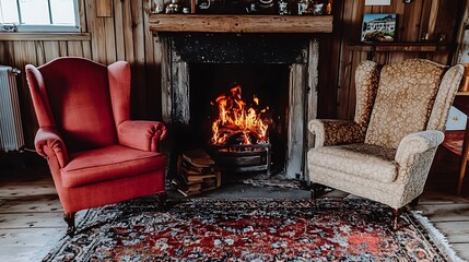 Two Armchairs Flanking a Cozy Fireplace in a Rustic Cabin