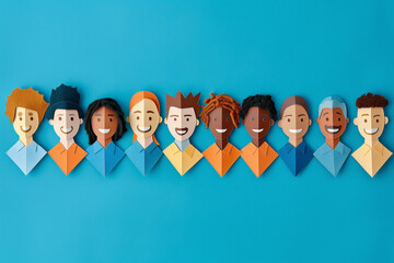 Paper art display of diverse group of people on blue background. Generative AI image