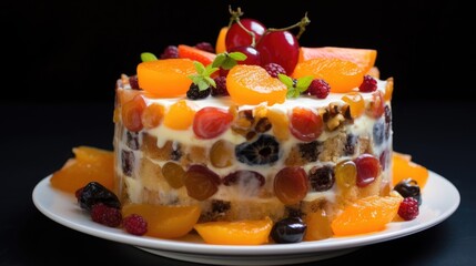 Wall Mural - strawberry, orange, kiwi, blueberry, raspberry, raisins, black berry, grapes, apple, avocado, cream cake, honey, jam, fruit cake dark background