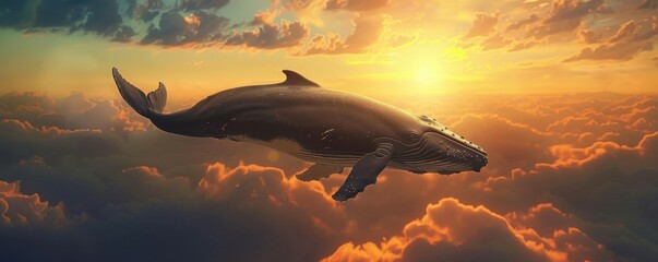 Canvas Print - Whale floating majestically in the sky with the sun setting behind soft, billowy clouds, 4K hyperrealistic photo