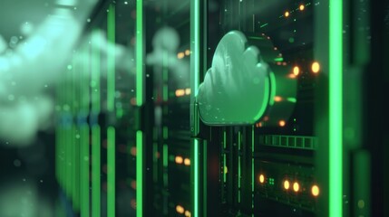 Poster - Cloud computing technology, abstract digital background featuring a glowing cloud icon amidst a high tech server environment with vibrant green and black colors