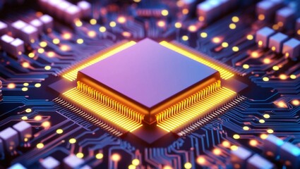Poster -  Detailed close-up of a glowing network chip, with vibrant electrical circuits symbolizing cutting-edge processor technology and connectivity