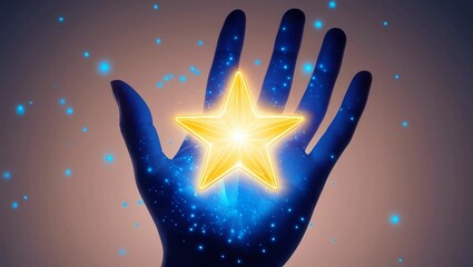 Poster -  Ultra Clear Image of a Glowing Digital Star Shining in a Hand with Futuristic Blue Particles